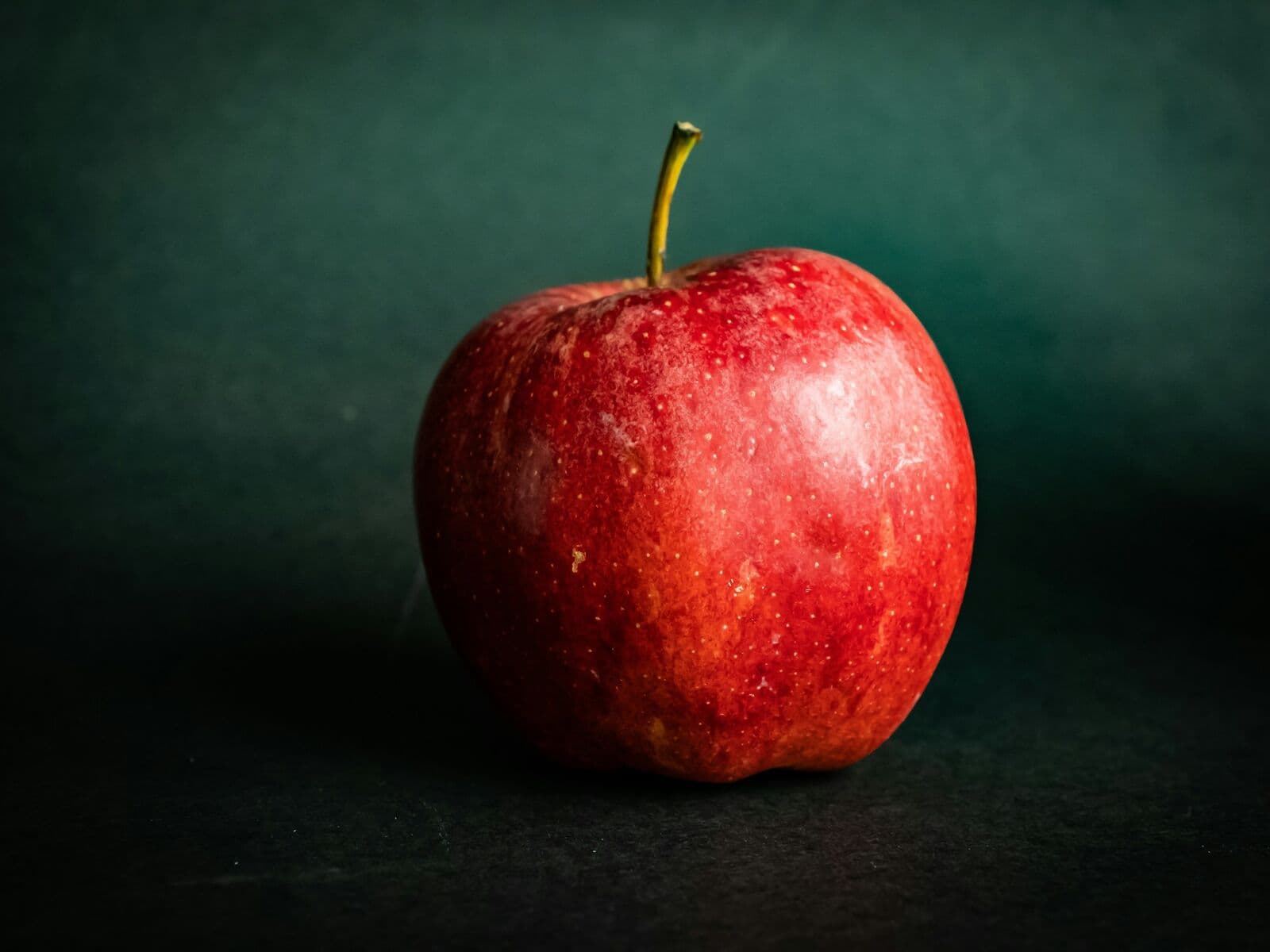 A single red apple on dark fabric